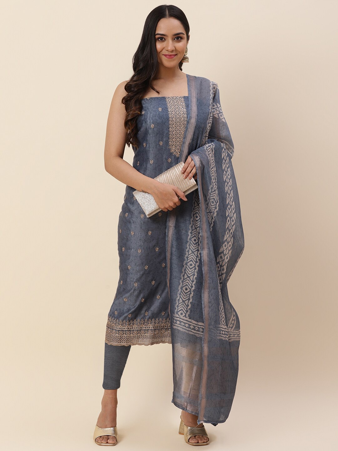 

Meena Bazaar Grey & Gold-Toned Embroidered Pure Silk Unstitched Dress Material