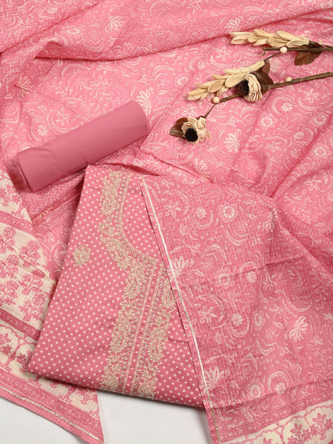 

Meena Bazaar Pink & Beige Printed Pure Cotton Unstitched Dress Material