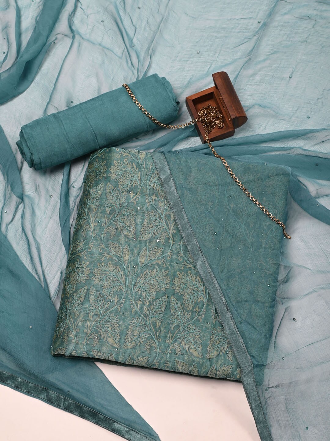 

Meena Bazaar Green & Beige Embroidered Pure Silk Unstitched Dress Material