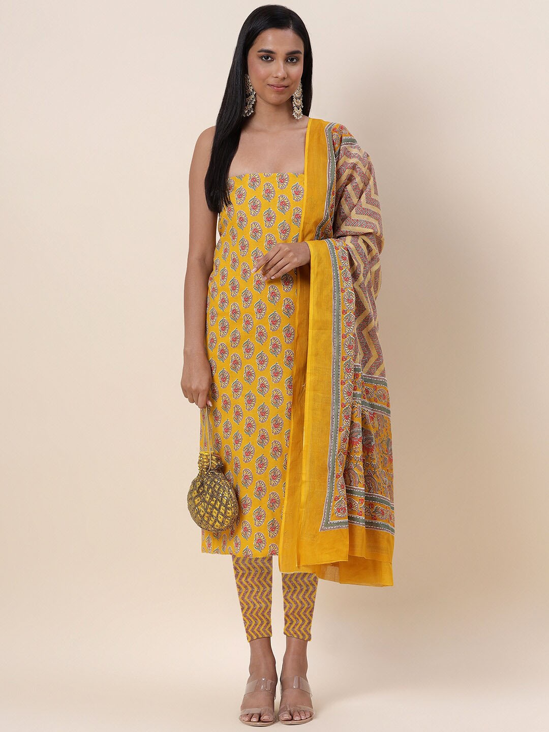 

Meena Bazaar Mustard & Red Printed Pure Cotton Unstitched Dress Material
