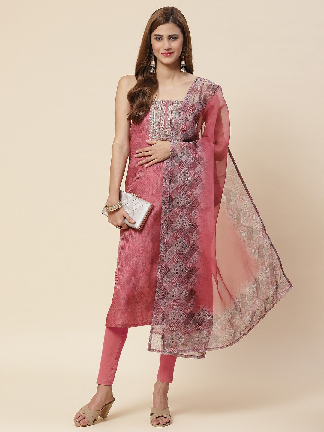 

Meena Bazaar Pink & Gold-Toned Embroidered Pure Silk Unstitched Dress Material