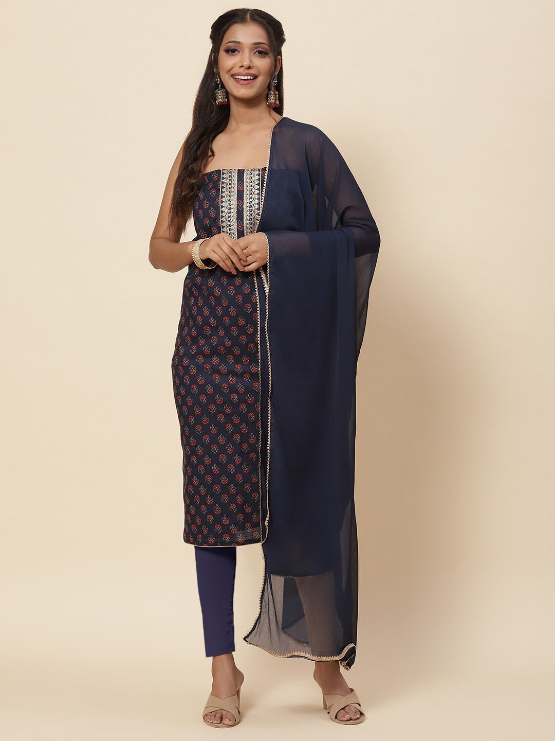 

Meena Bazaar Embroidered Pure Cotton Unstitched Dress Material, Blue