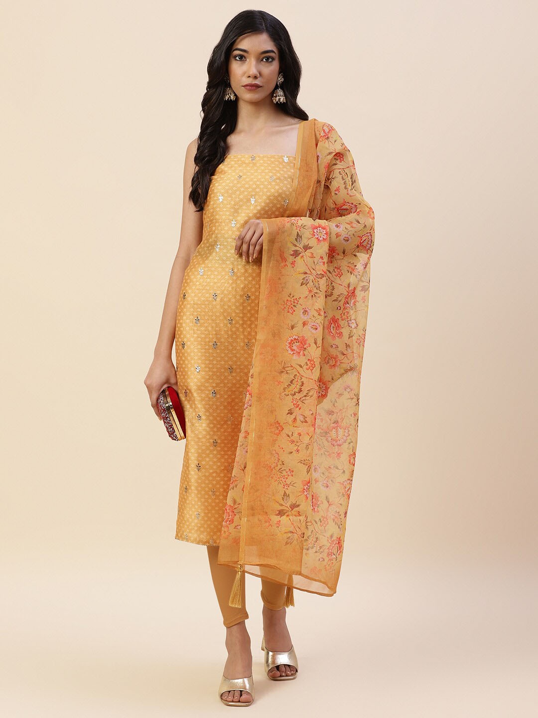 

Meena Bazaar Mustard & Silver-Toned Printed Pure Silk Unstitched Dress Material