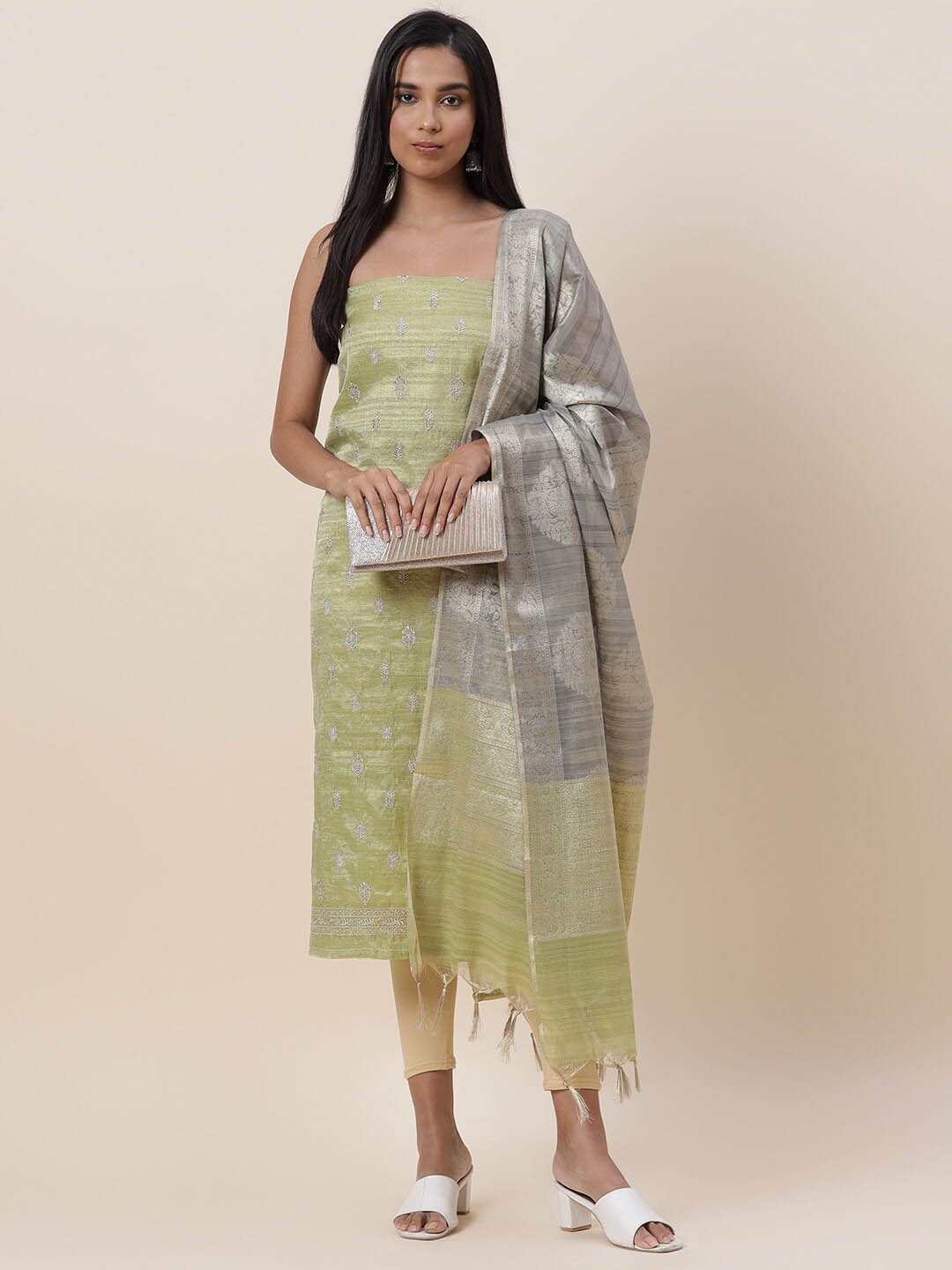 

Meena Bazaar Green & Grey Printed Pure Silk Unstitched Dress Material