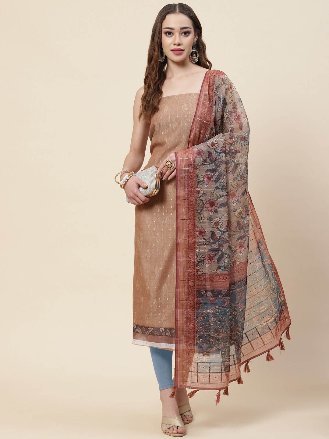 

Meena Bazaar Floral Printed Pure Silk Unstitched Dress Material, Beige
