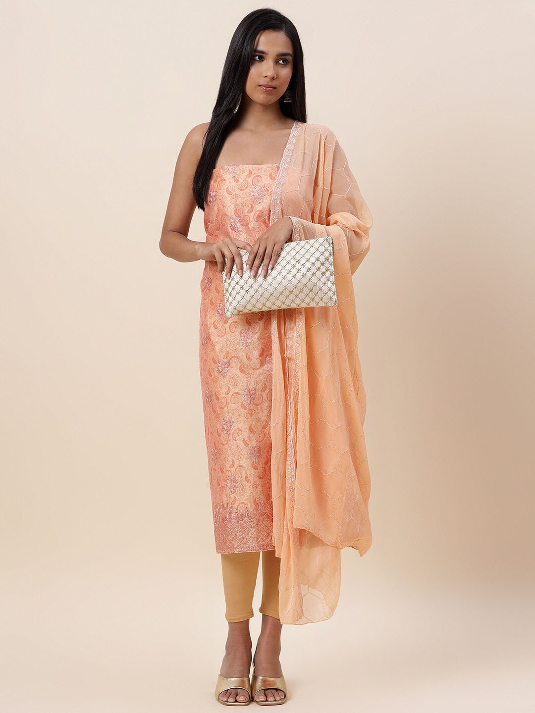 

Meena Bazaar Embroidered Pure Silk Unstitched Dress Material, Peach