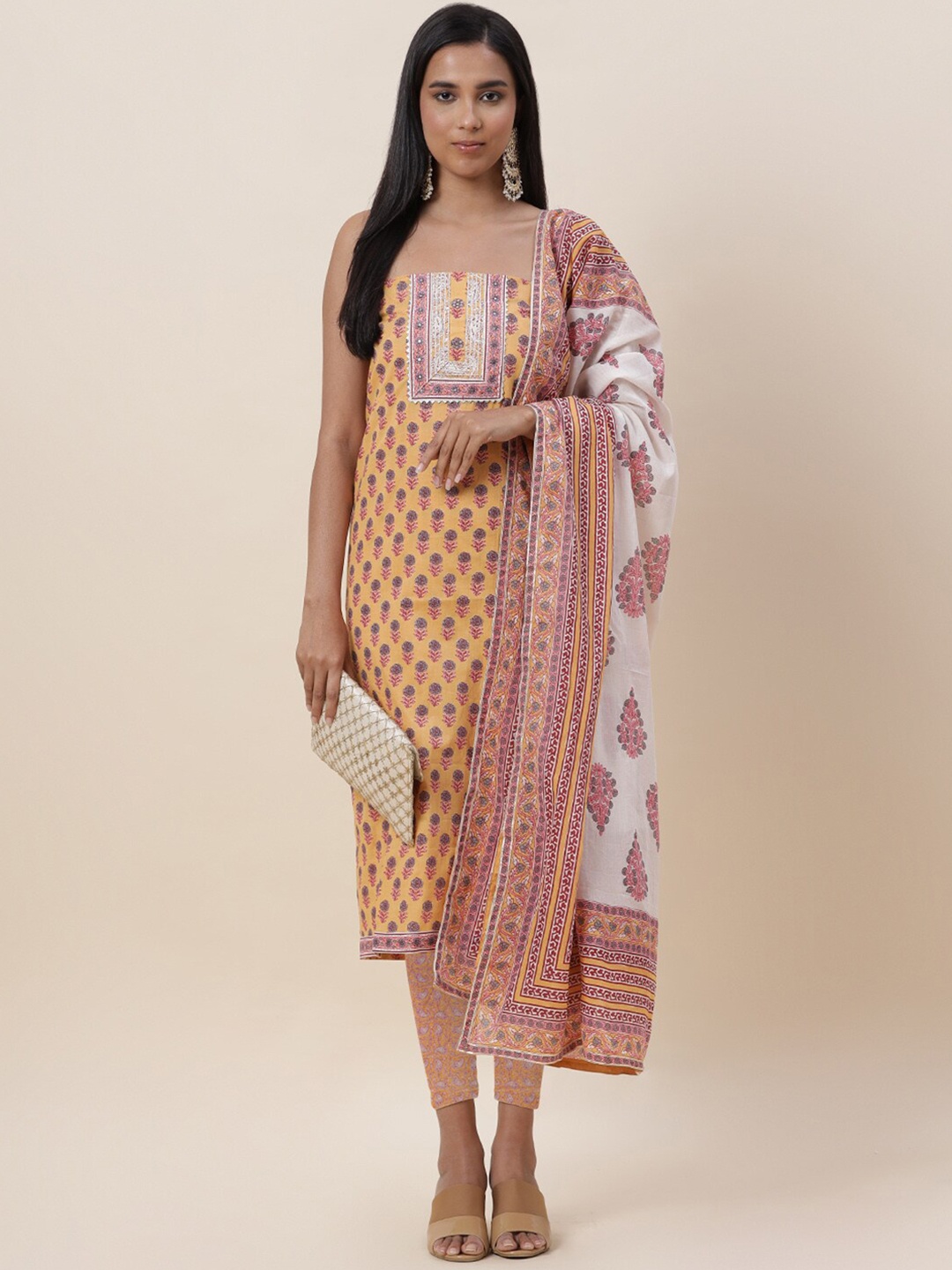 

Meena Bazaar Mustard & Peach-Coloured Printed Pure Cotton Unstitched Dress Material