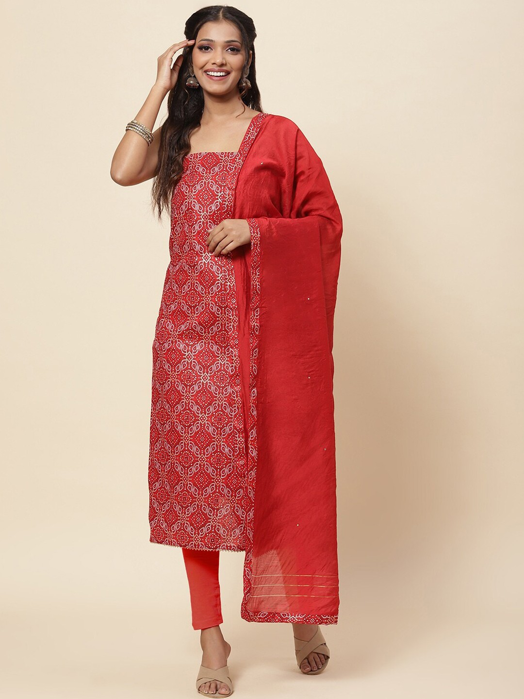 

Meena Bazaar Red & White Printed Pure Cotton Unstitched Dress Material