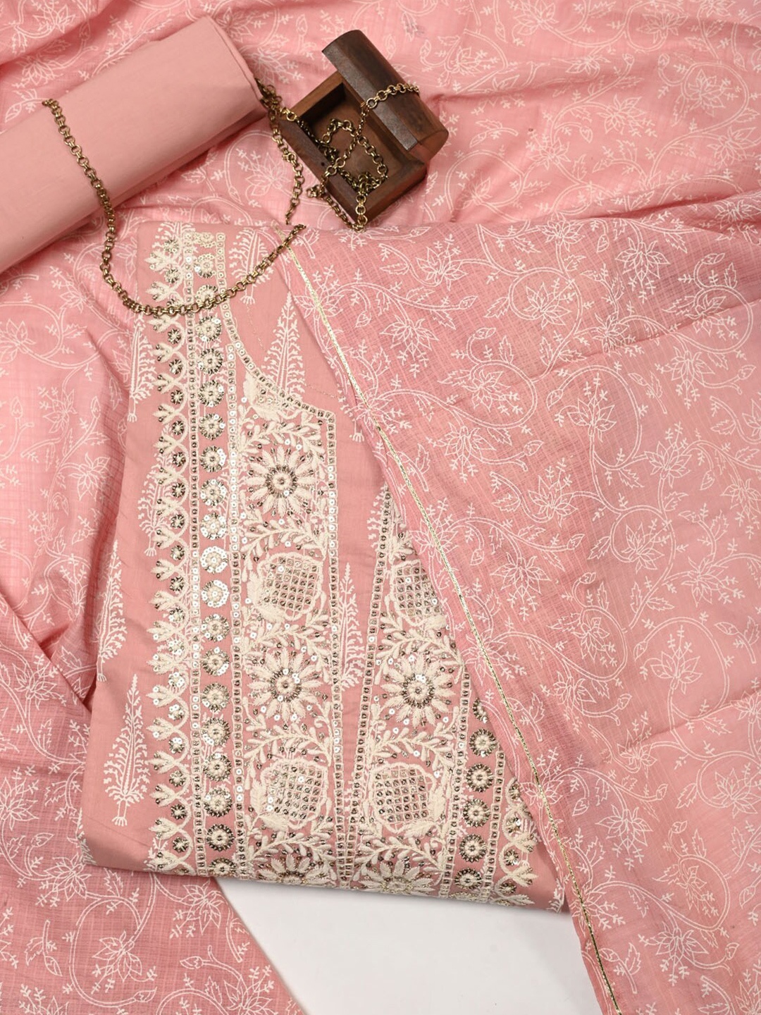 

Meena Bazaar Pink & White Embroidered Pure Cotton Unstitched Dress Material