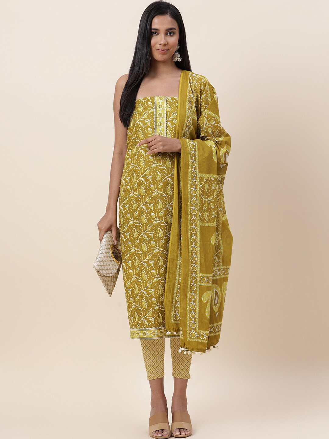 

Meena Bazaar Printed Pure Cotton Unstitched Dress Material, Mustard