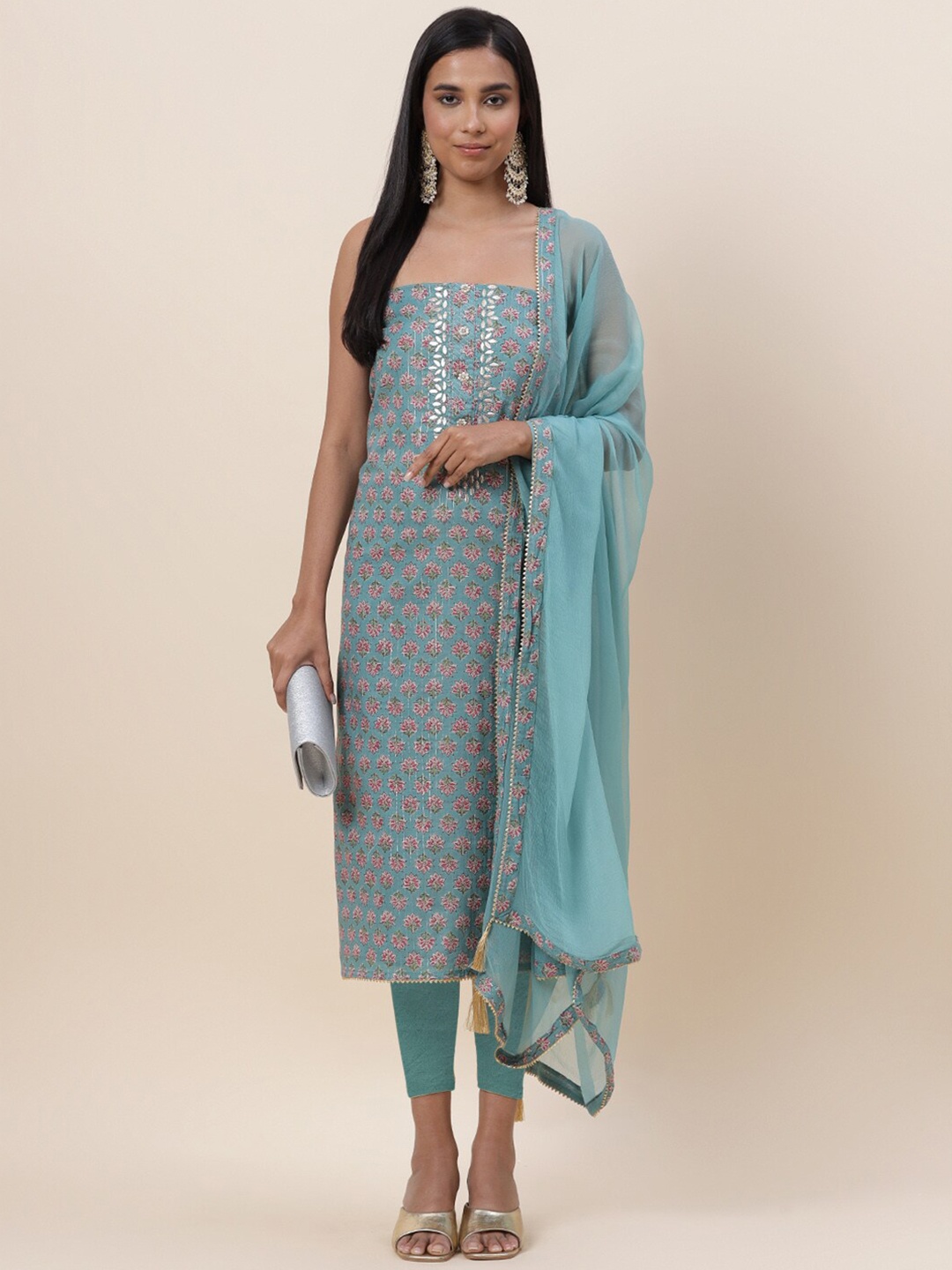 

Meena Bazaar Blue & Pink Printed Pure Cotton Unstitched Dress Material