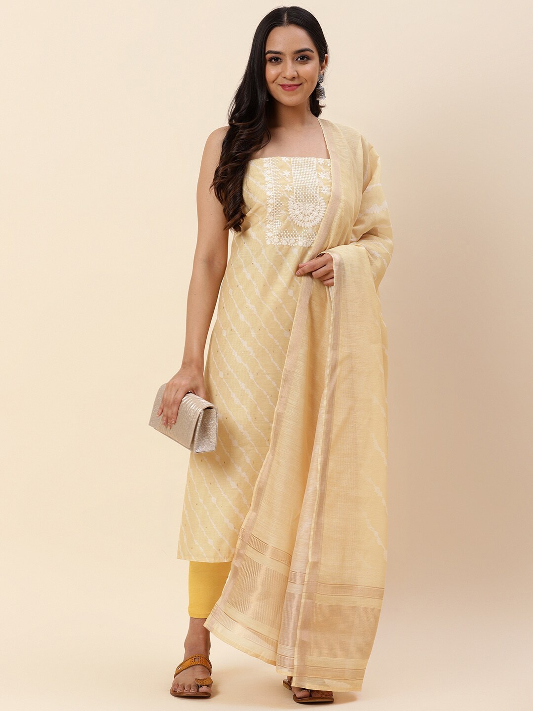 

Meena Bazaar Yellow & White Embroidered Pure Silk Unstitched Dress Material