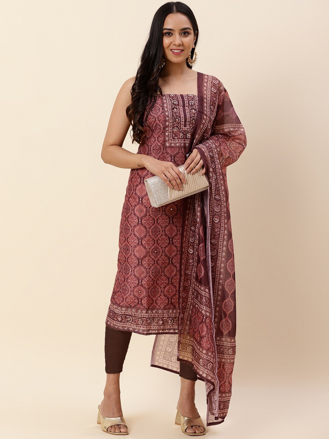 

Meena Bazaar Burgundy & White Printed Pure Silk Unstitched Dress Material