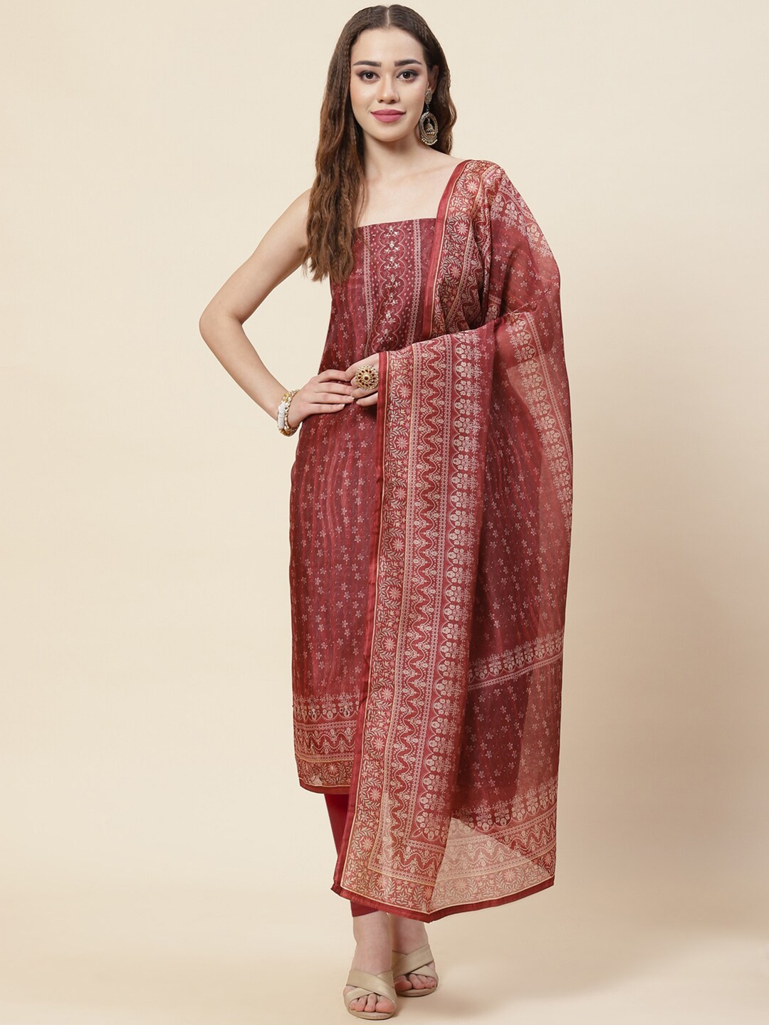 

Meena Bazaar Maroon & White Printed Pure Silk Unstitched Dress Material