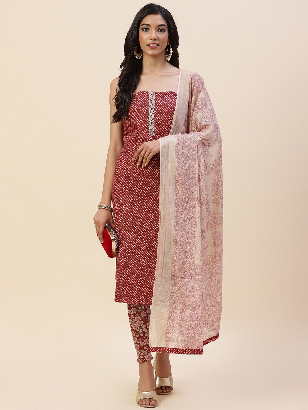 

Meena Bazaar Maroon & Beige Printed Pure Cotton Unstitched Dress Material