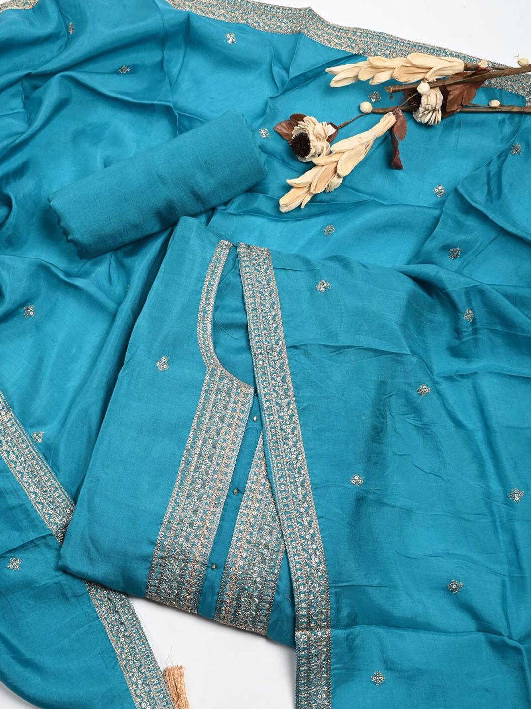 

Meena Bazaar Embroidered Pure Silk Unstitched Dress Material, Blue