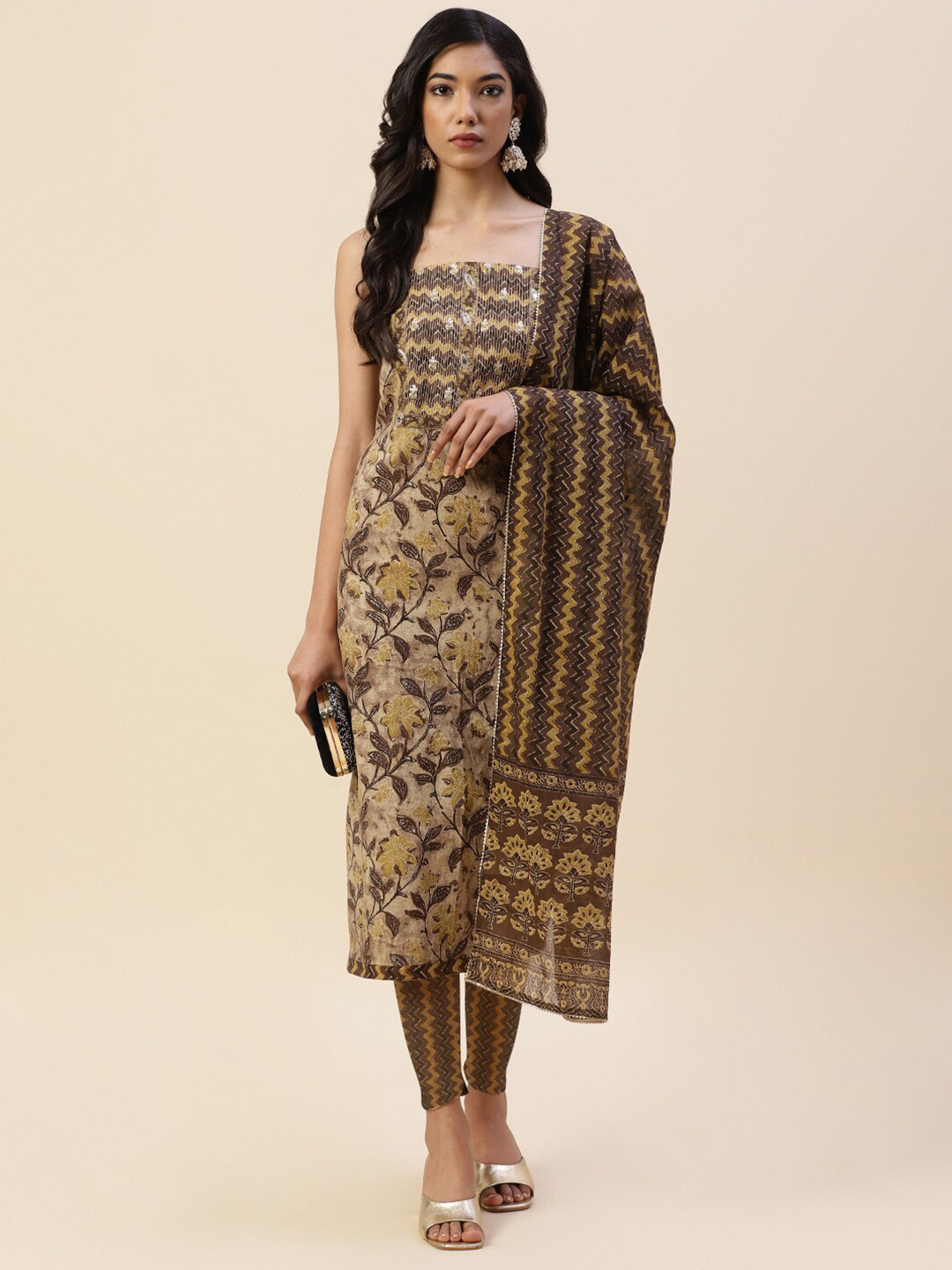 

Meena Bazaar Beige & Brown Printed Pure Cotton Unstitched Dress Material