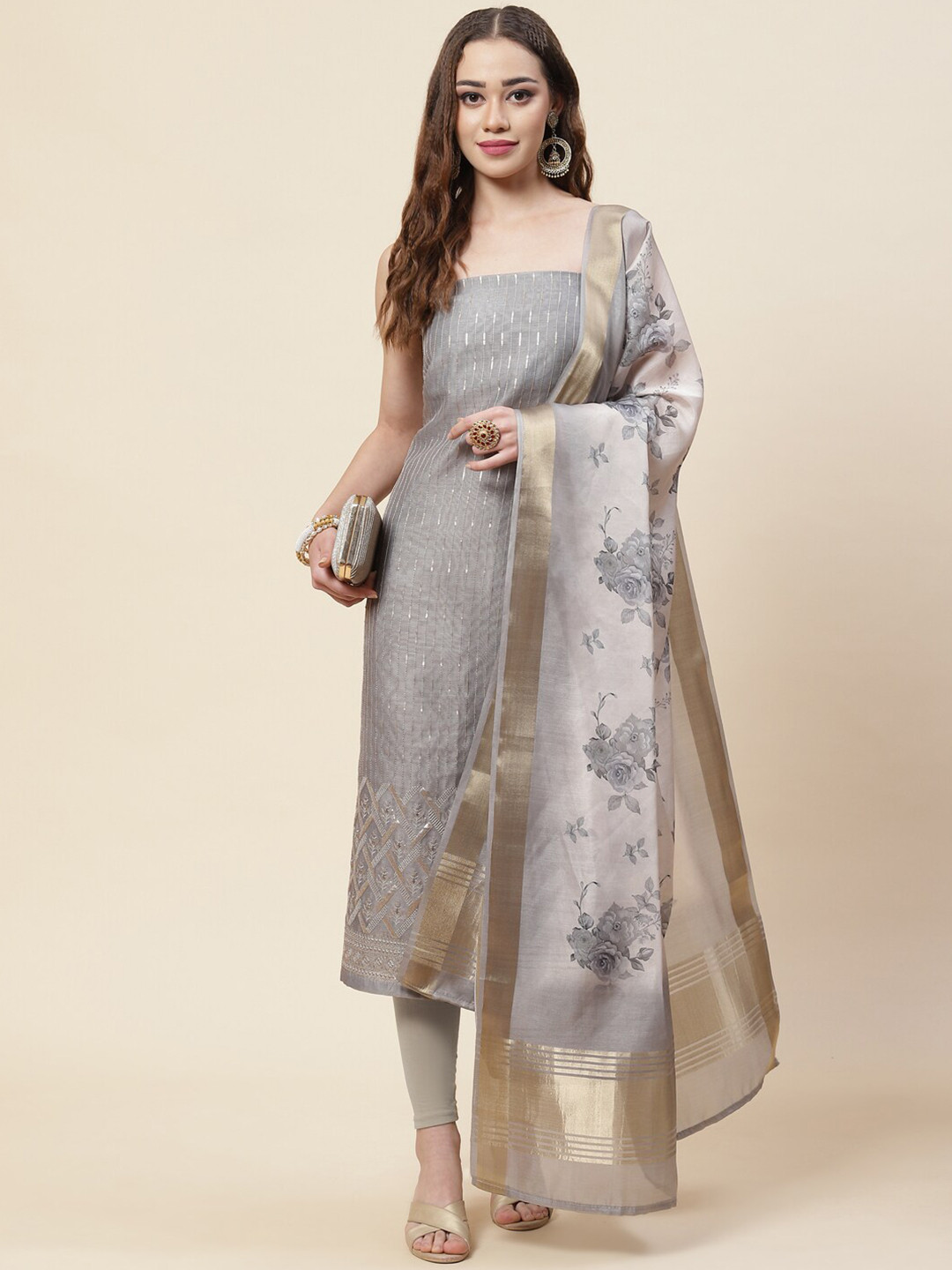 

Meena Bazaar Grey & Gold-Toned Printed Pure Silk Unstitched Dress Material