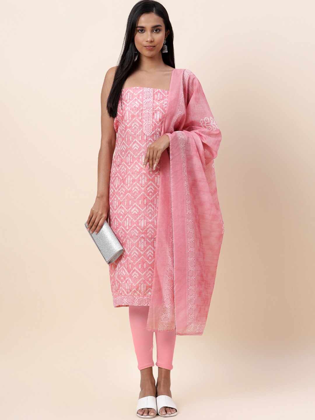 

Meena Bazaar Pink & White Printed Pure Silk Unstitched Dress Material