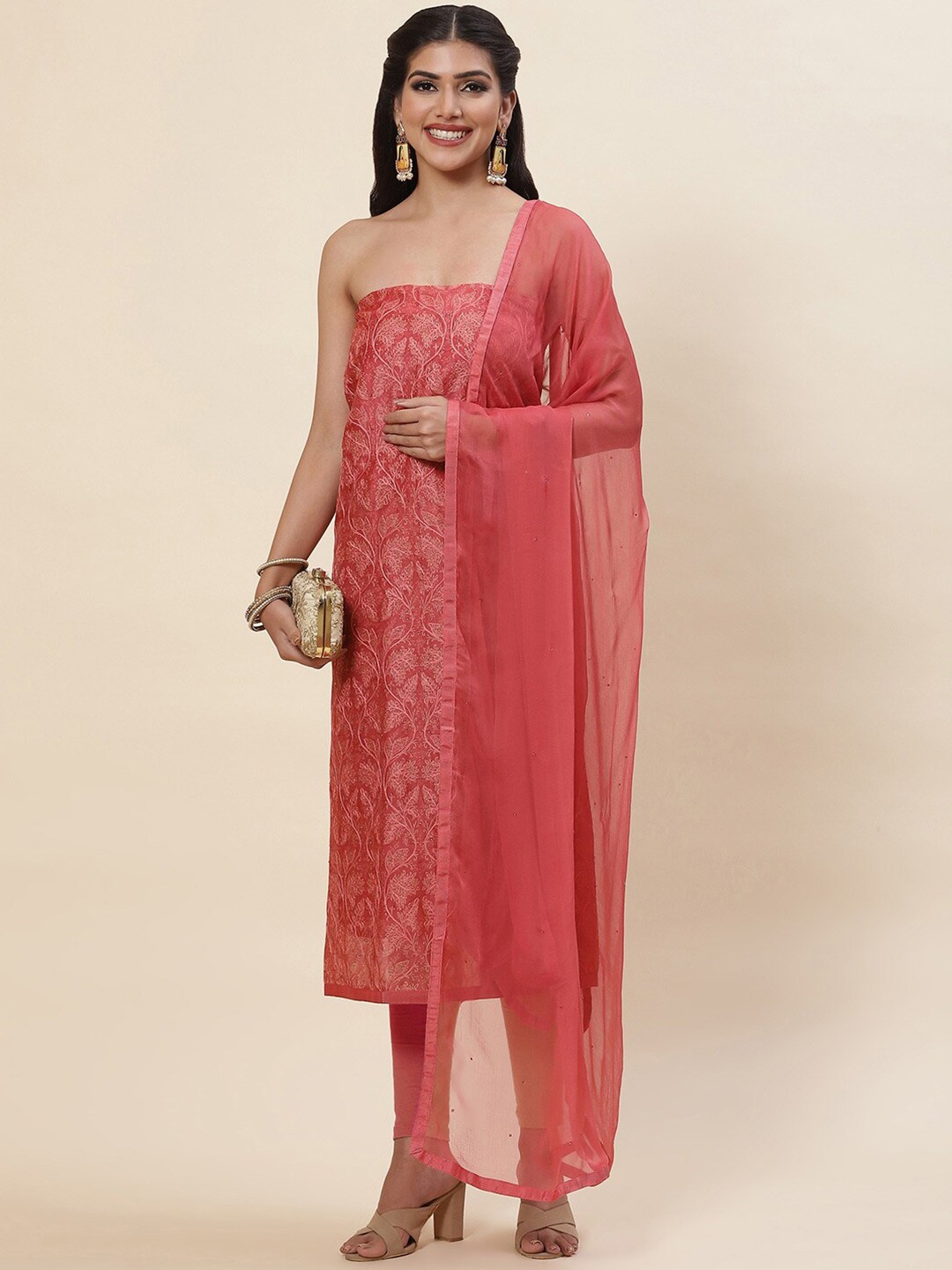 

Meena Bazaar Pink Embroidered Pure Silk Unstitched Dress Material