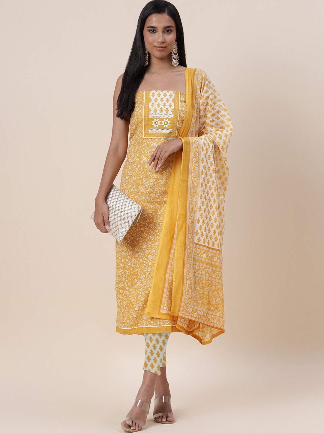 

Meena Bazaar Yellow & White Printed Pure Cotton Unstitched Dress Material