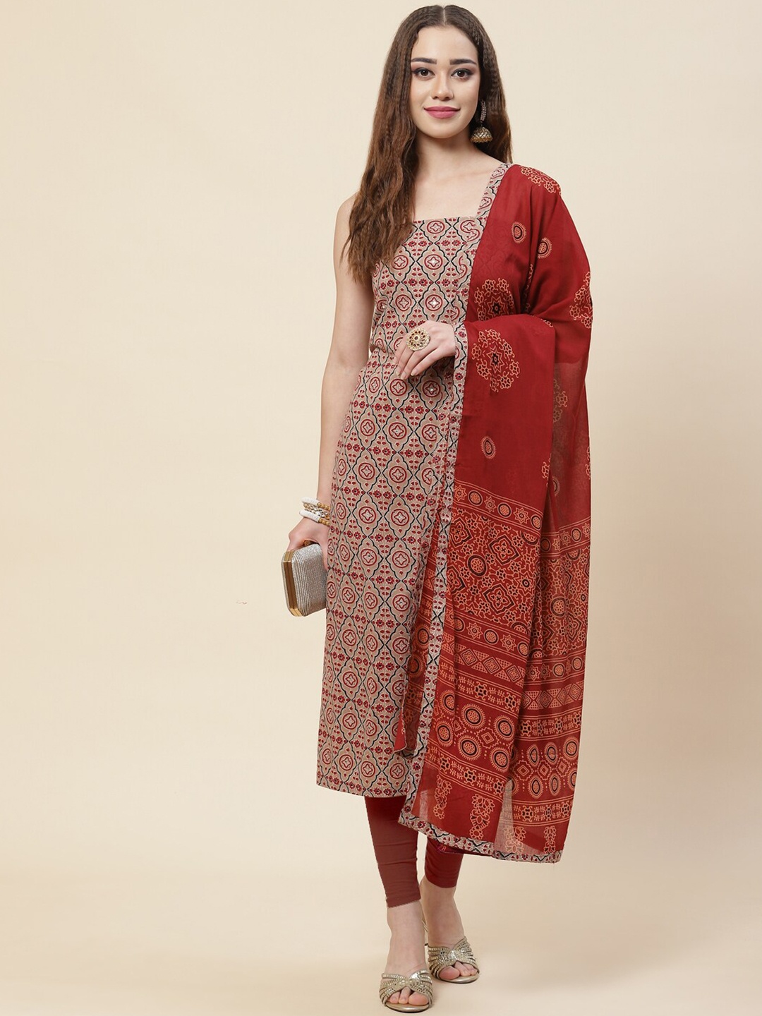 

Meena Bazaar Beige & Red Printed Pure Cotton Unstitched Dress Material