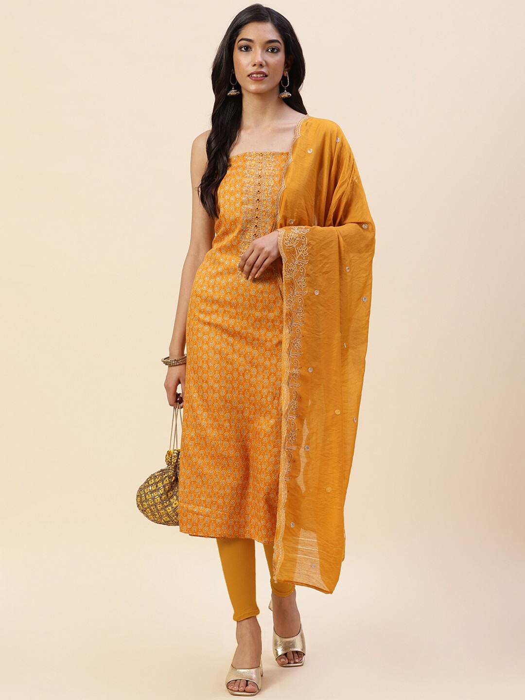 

Meena Bazaar Mustard & Gold-Toned Printed Pure Cotton Unstitched Dress Material