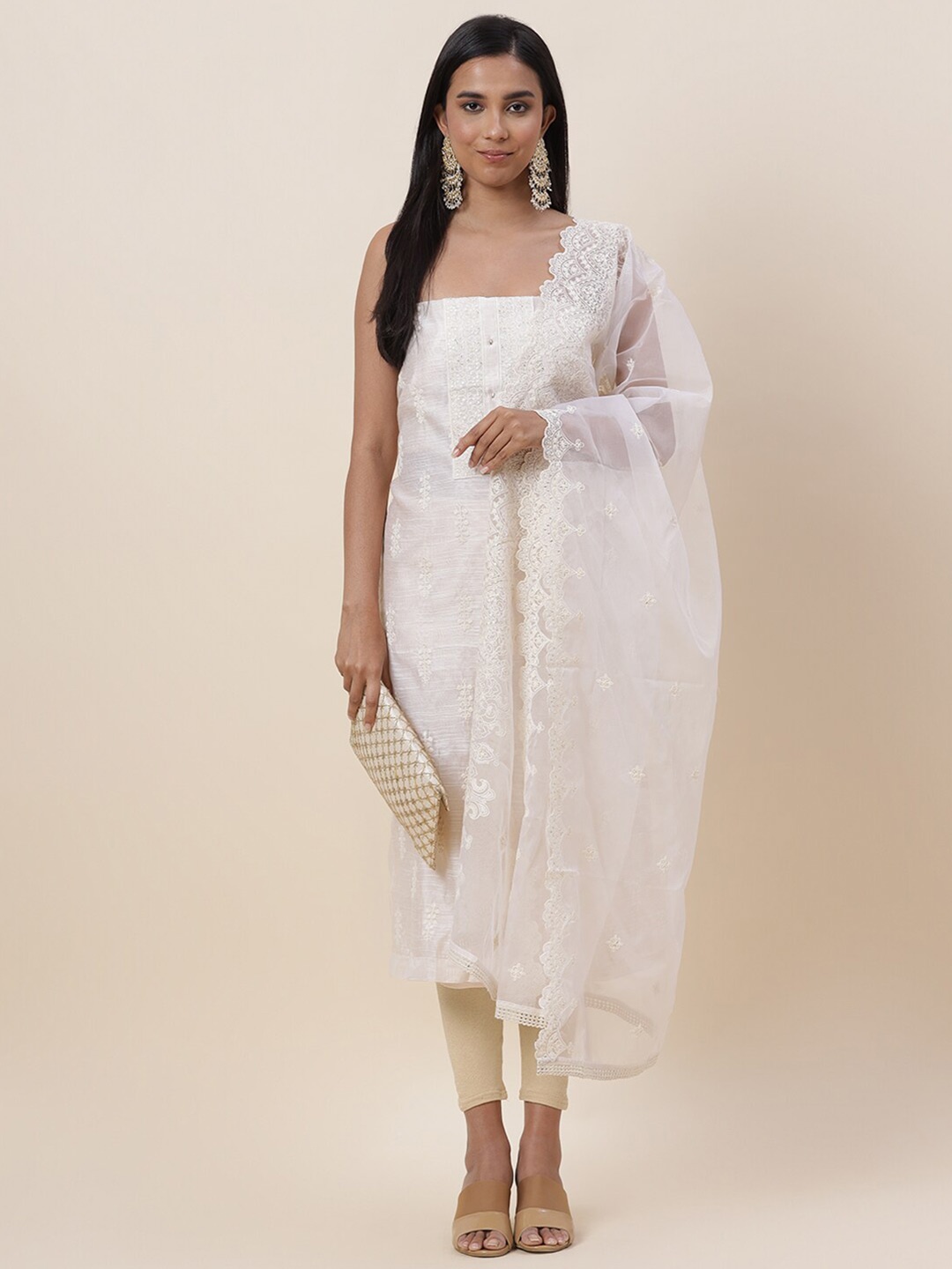 

Meena Bazaar Cream-Coloured & Gold-Toned Embroidered Pure Silk Unstitched Dress Material