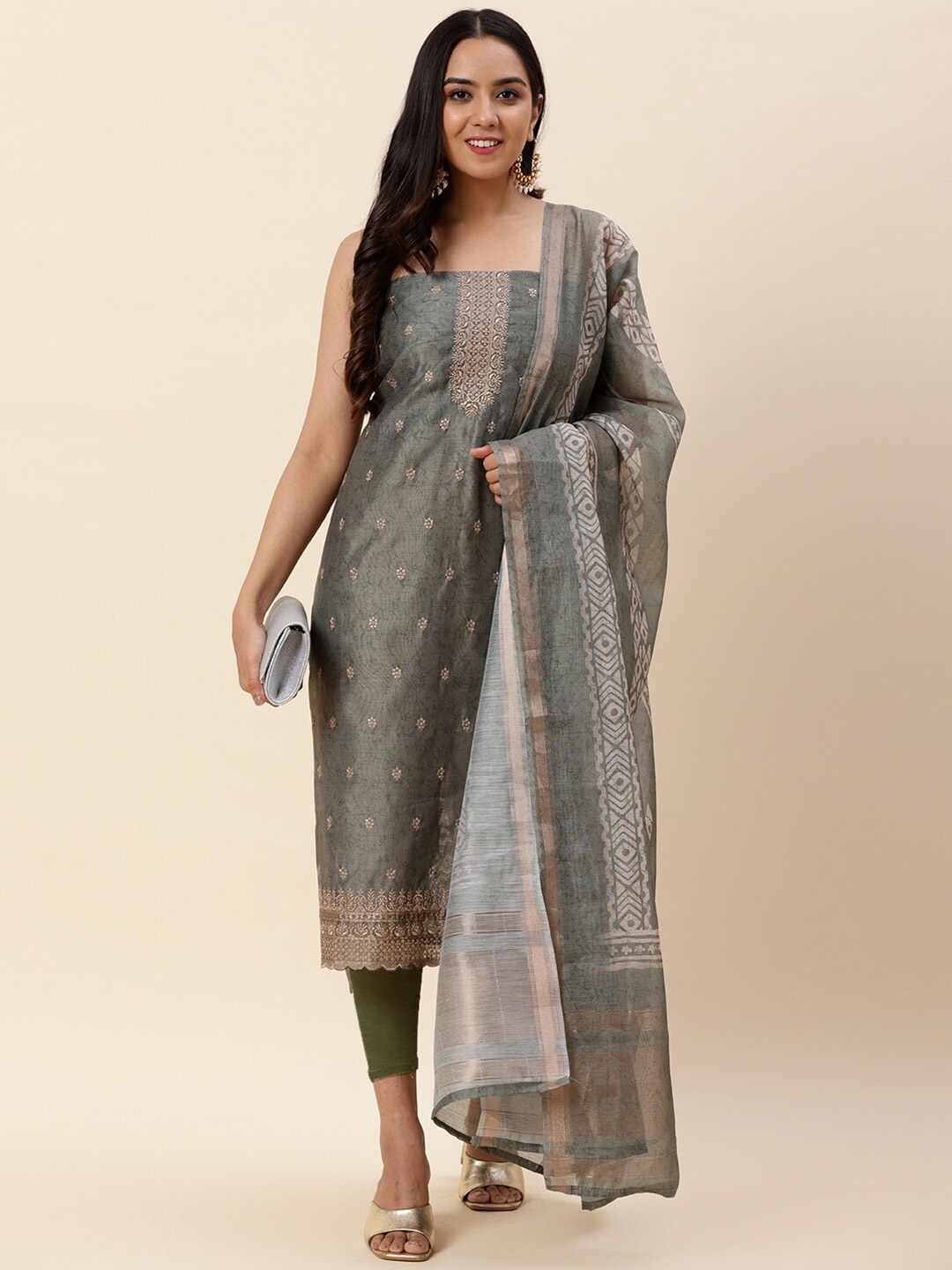 

Meena Bazaar Embroidered Pure Silk Unstitched Dress Material, Grey