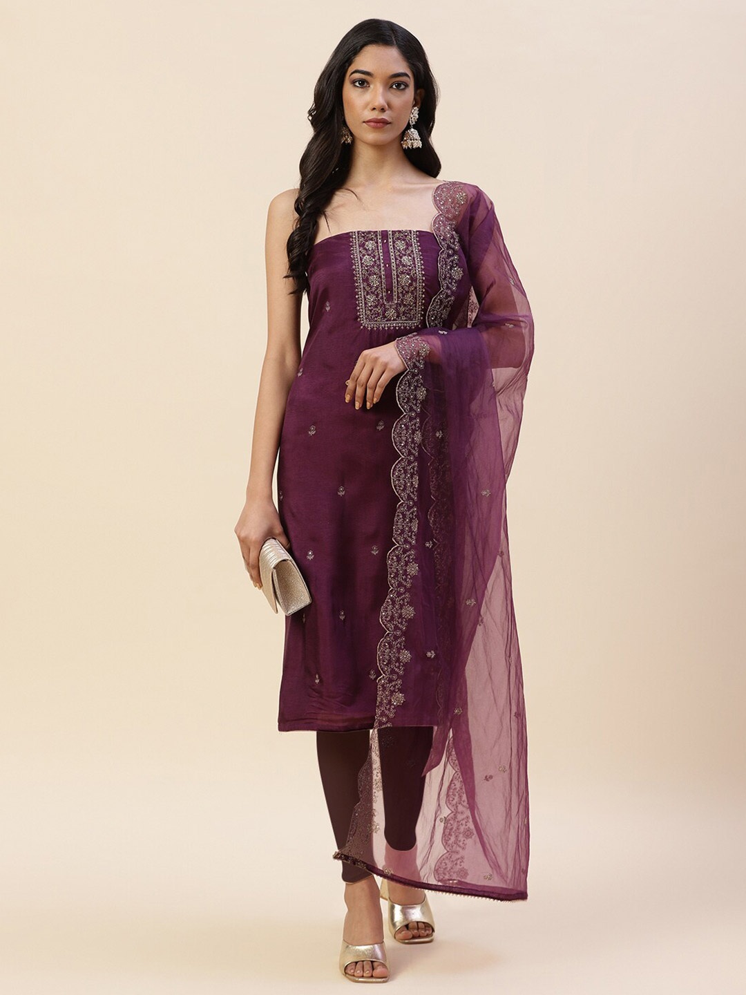 

Meena Bazaar Embroidered Pure Silk Unstitched Dress Material, Purple