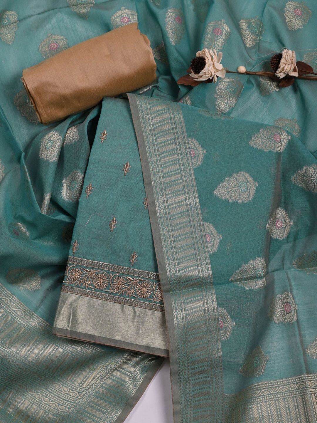 

Meena Bazaar Green & Brown Embroidered Pure Silk Unstitched Dress Material