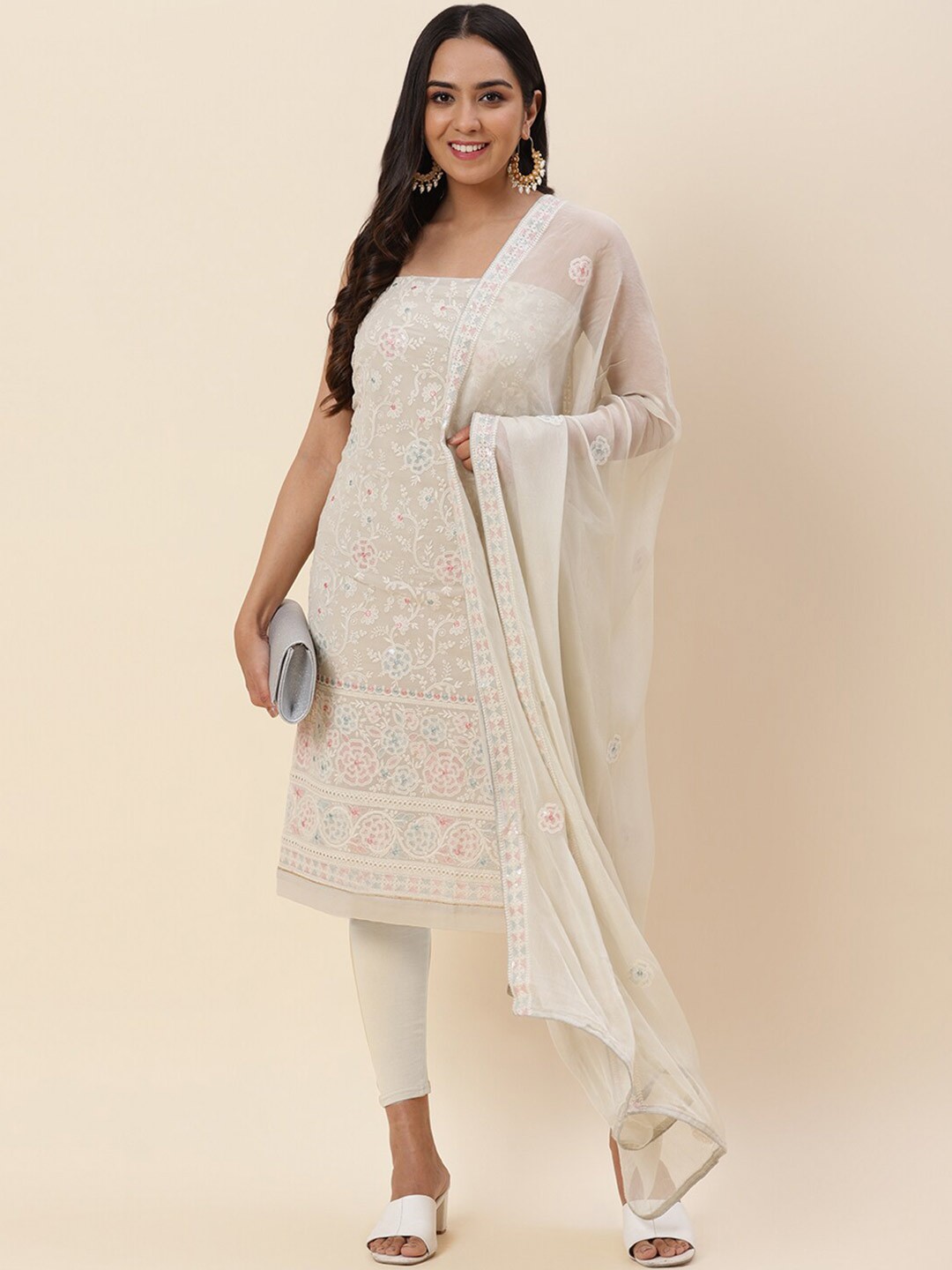 

Meena Bazaar Cream-Coloured & Green Embroidered Silk Georgette Unstitched Dress Material