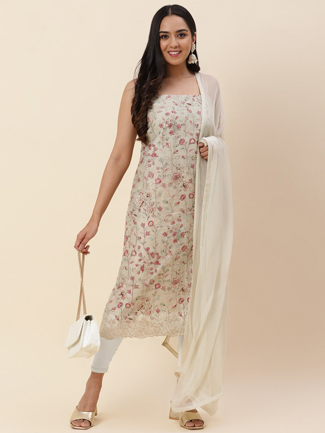 

Meena Bazaar Green & Pink Printed Pure Silk Unstitched Dress Material