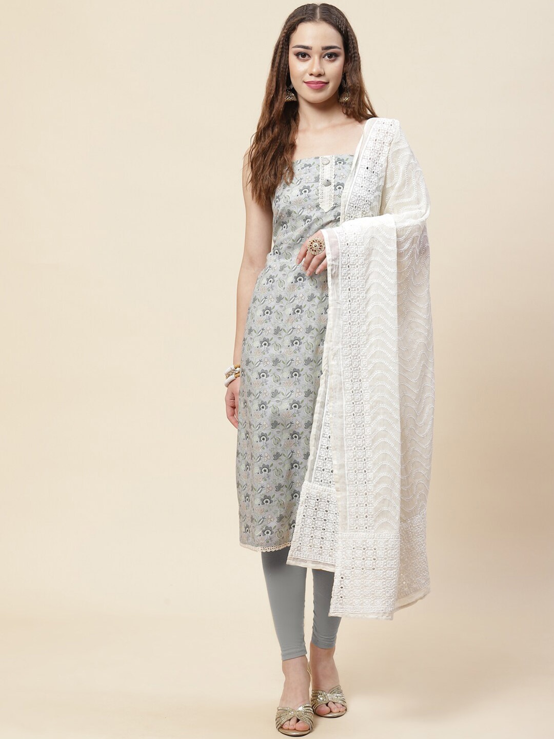 

Meena Bazaar Grey & White Printed Pure Cotton Unstitched Dress Material