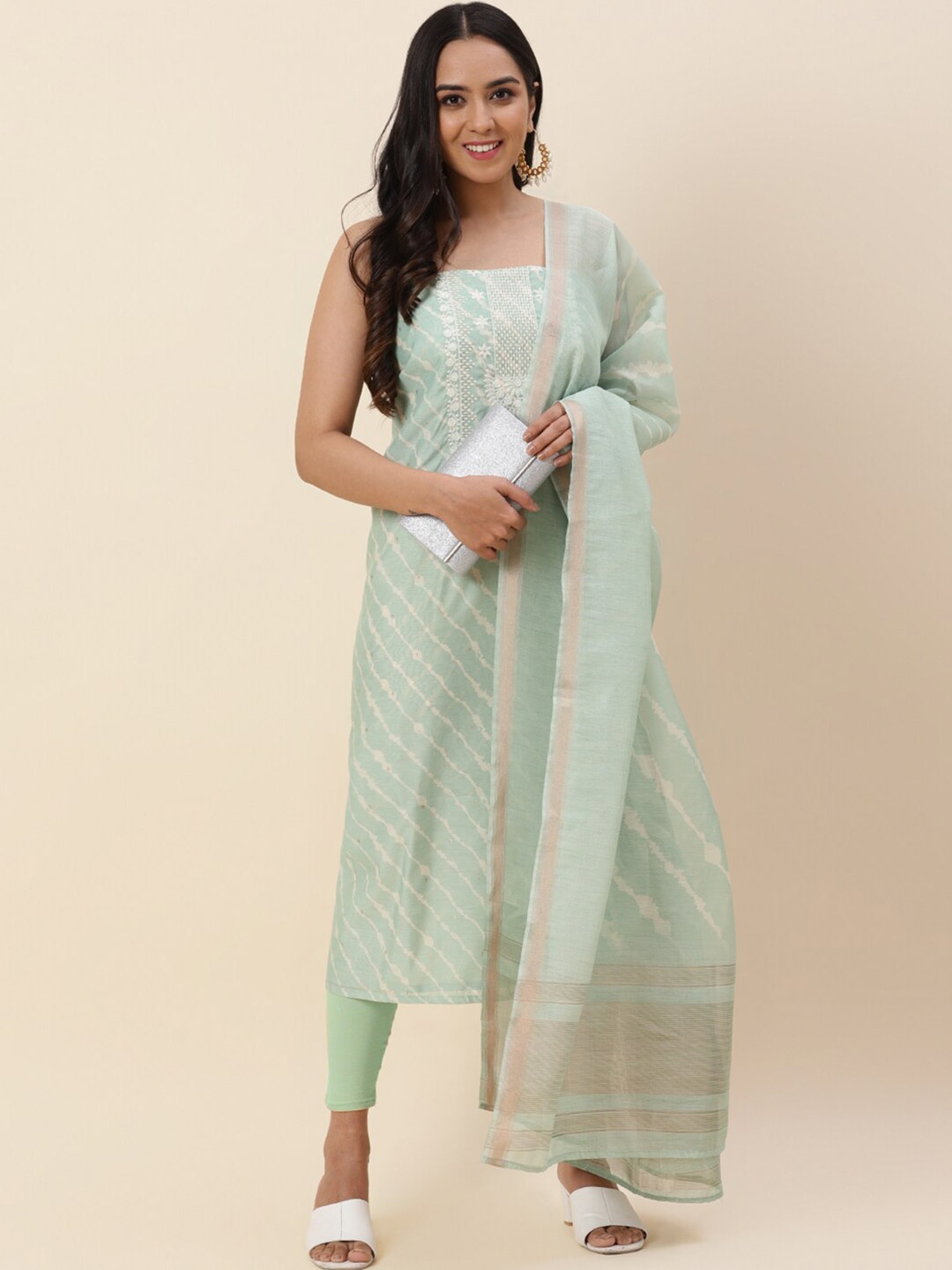 

Meena Bazaar Green & White Embroidered Pure Silk Unstitched Dress Material
