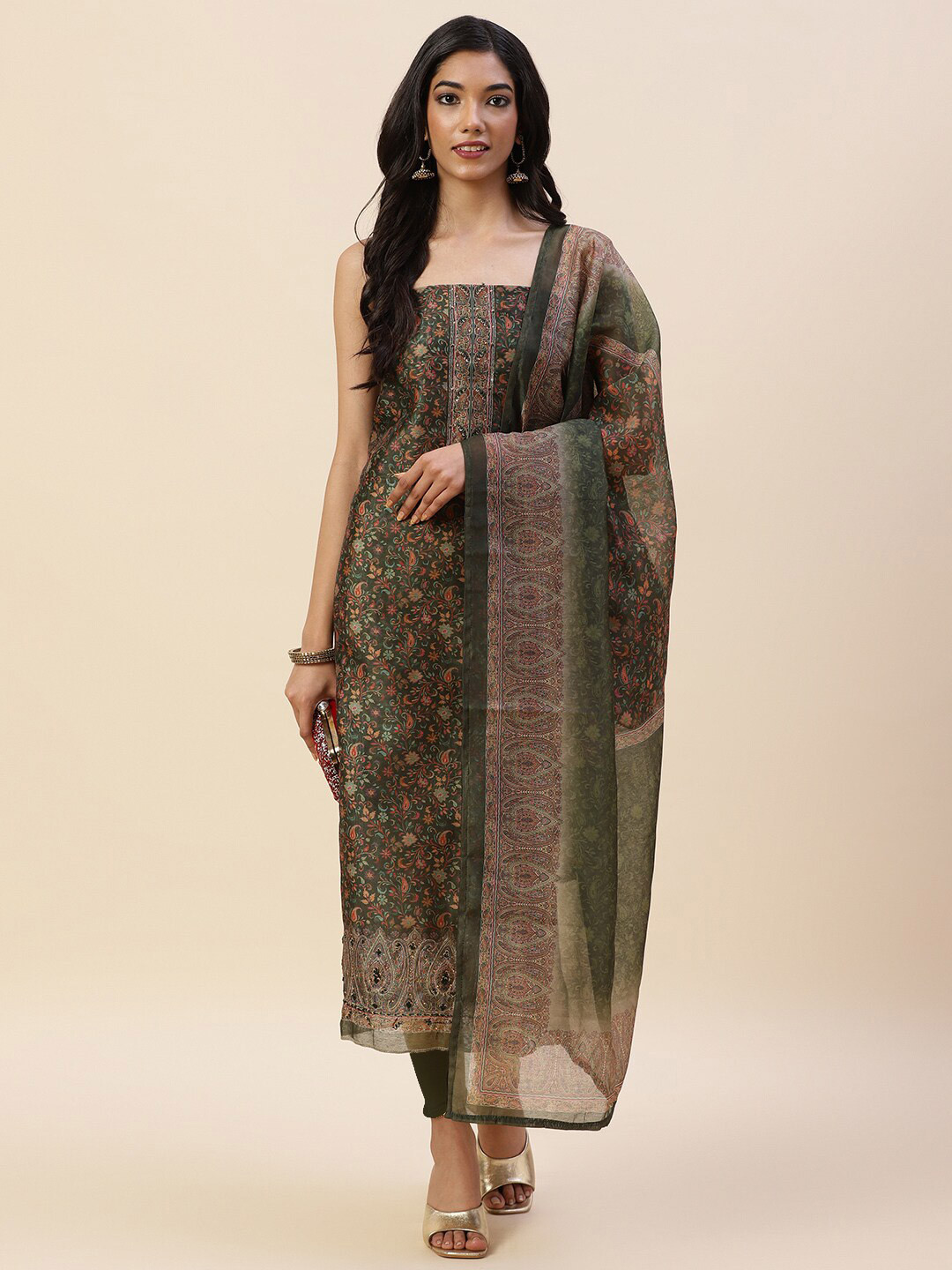 

Meena Bazaar Green & Brown Embroidered Pure Silk Unstitched Dress Material