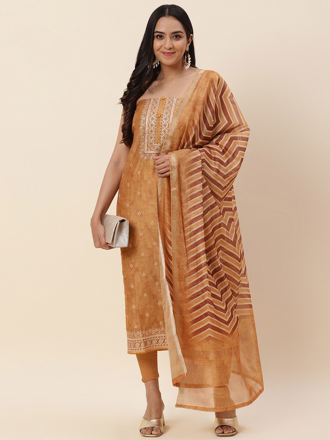 

Meena Bazaar Mustard & Gold-Toned Embroidered Pure Silk Unstitched Dress Material