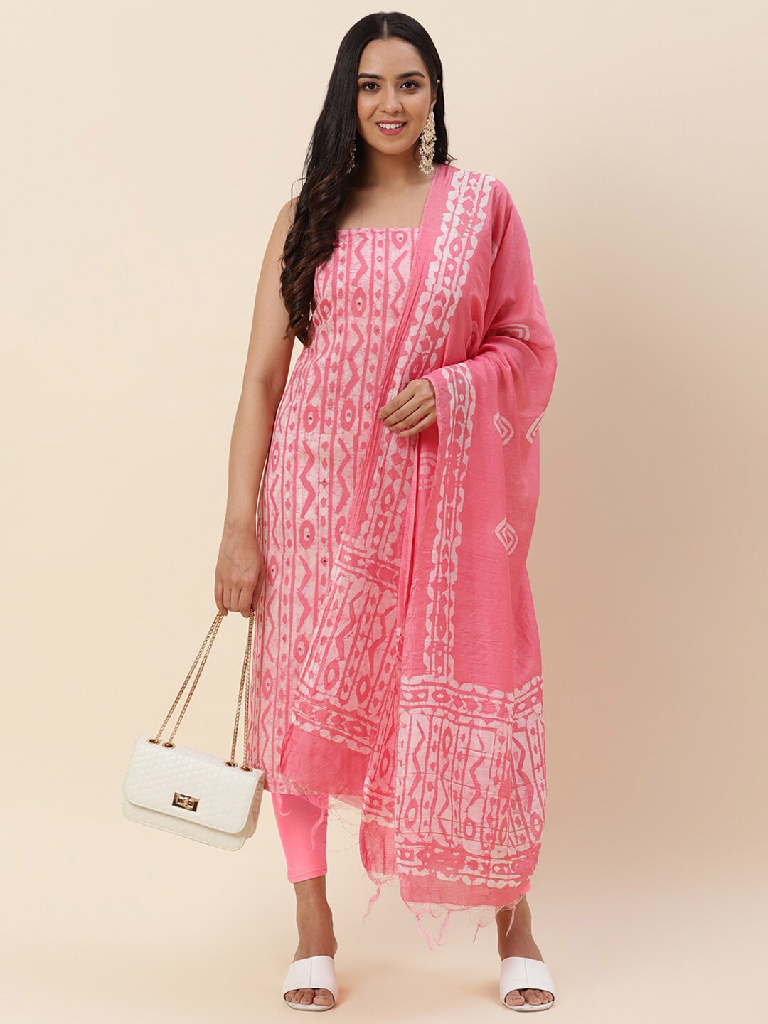 

Meena Bazaar Pink & White Printed Pure Silk Unstitched Dress Material