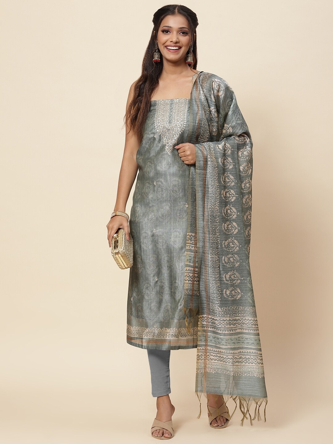 

Meena Bazaar Green & Gold-Toned Embroidered Pure Silk Unstitched Dress Material