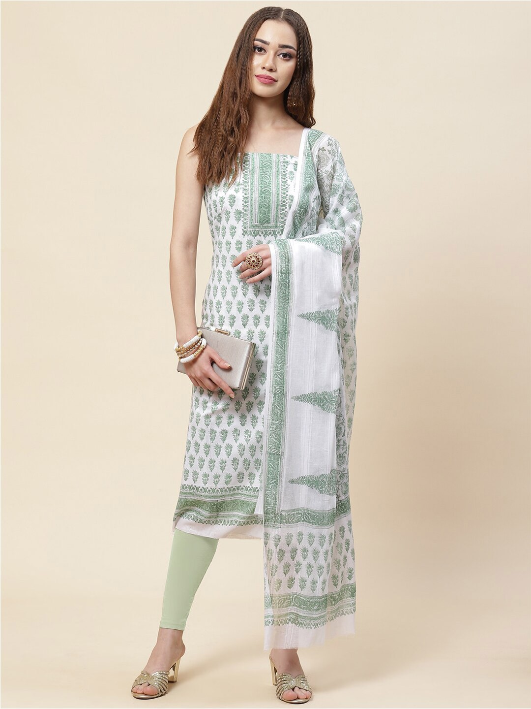 

Meena Bazaar Cream-Coloured & Green Printed Pure Cotton Unstitched Dress Material