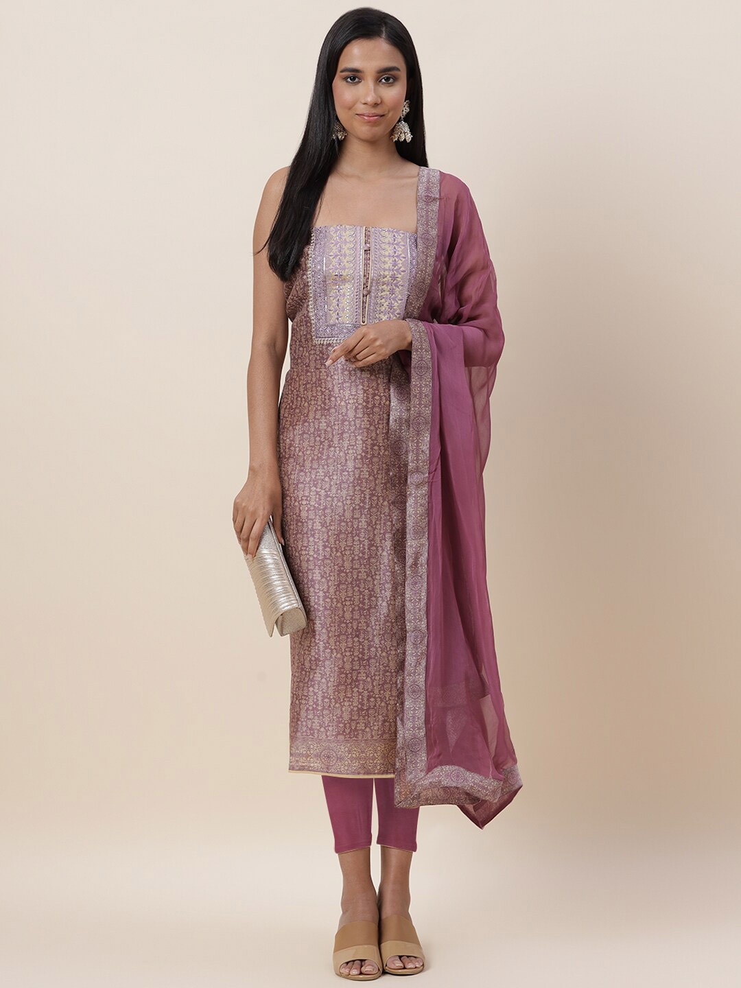 

Meena Bazaar Purple & Beige Embroidered Pure Silk Unstitched Dress Material