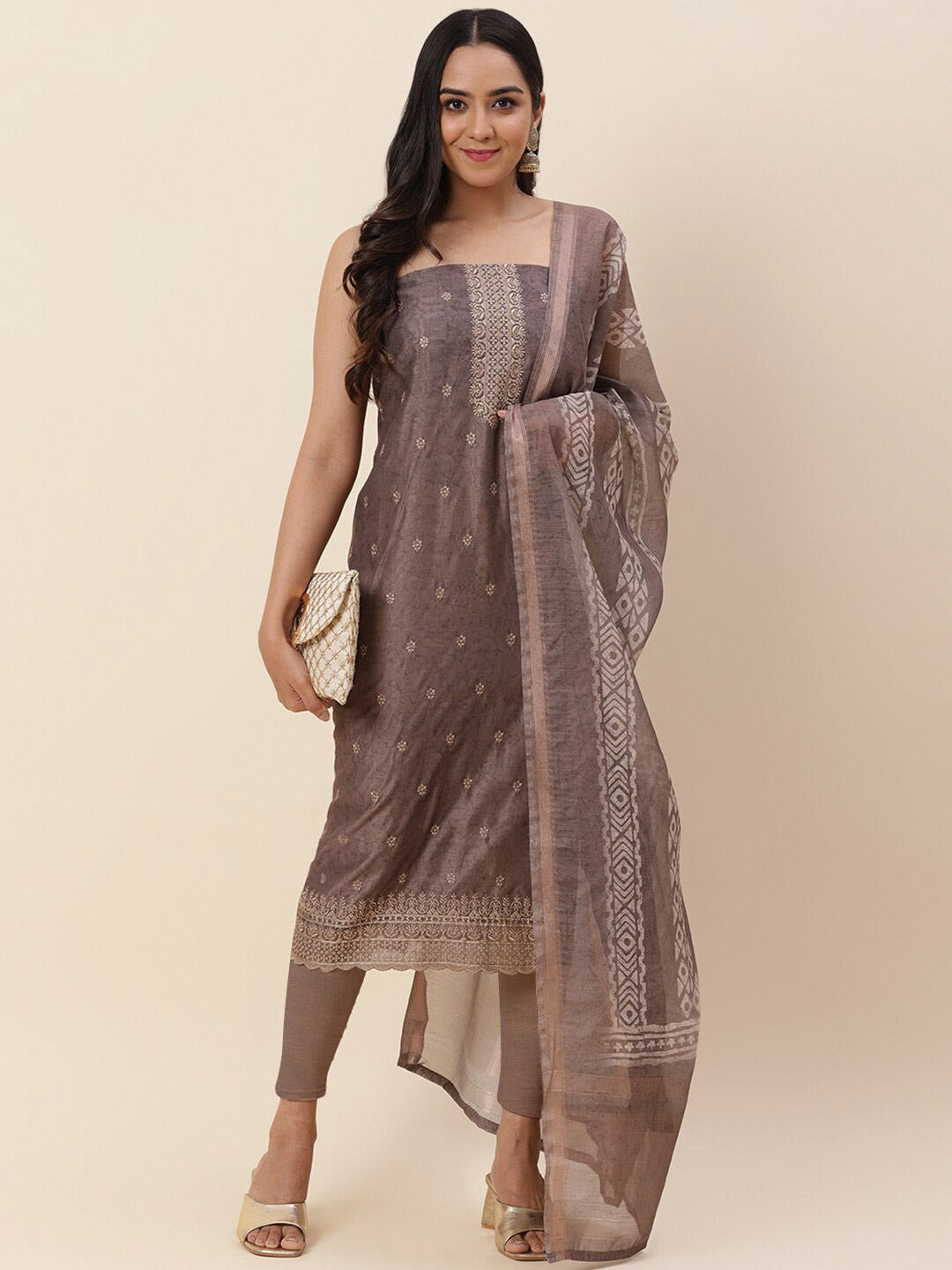 

Meena Bazaar Embroidered Pure Silk Unstitched Dress Material, Brown