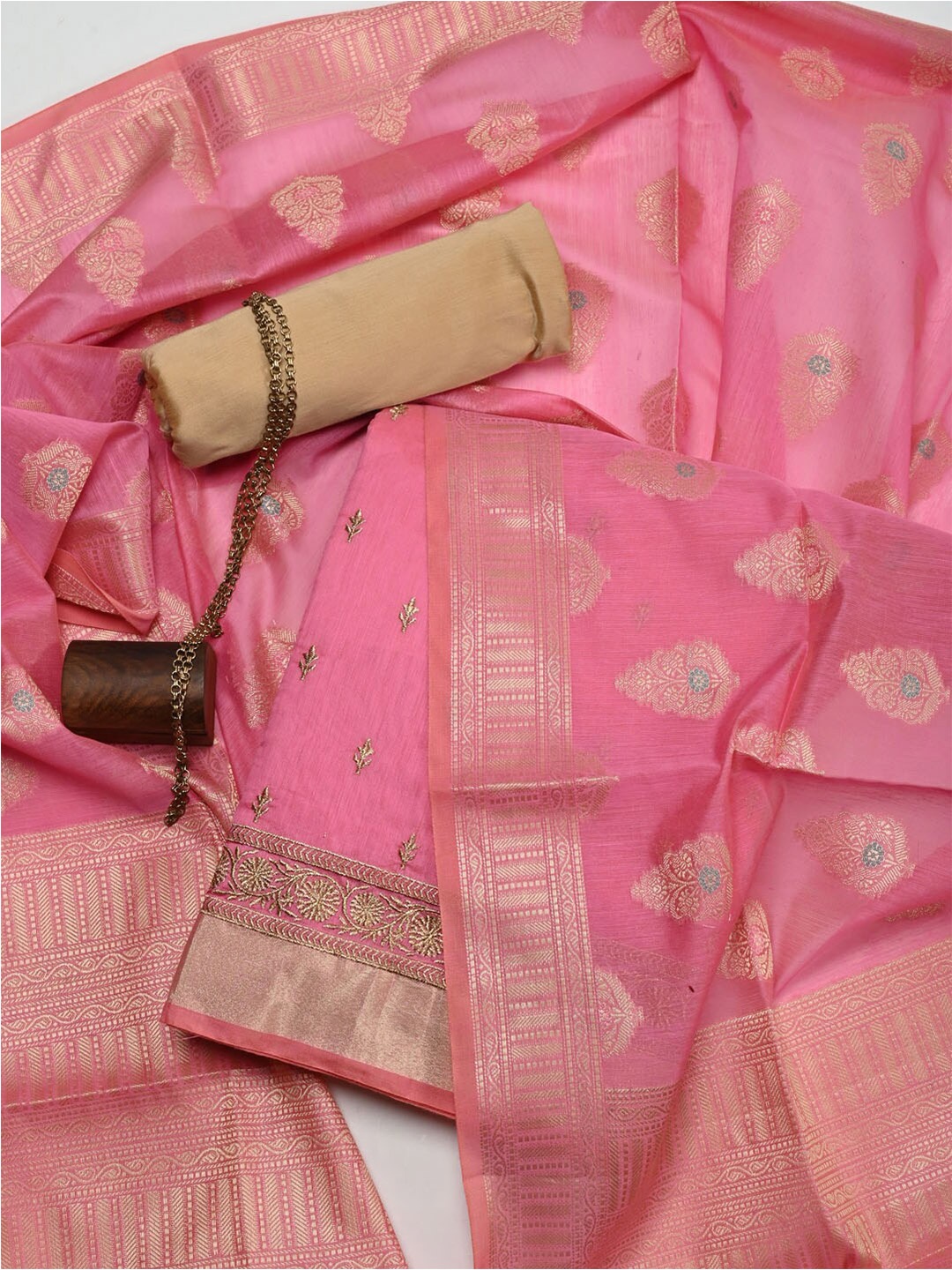 

Meena Bazaar Pink & Gold-Toned Embroidered Pure Silk Unstitched Dress Material