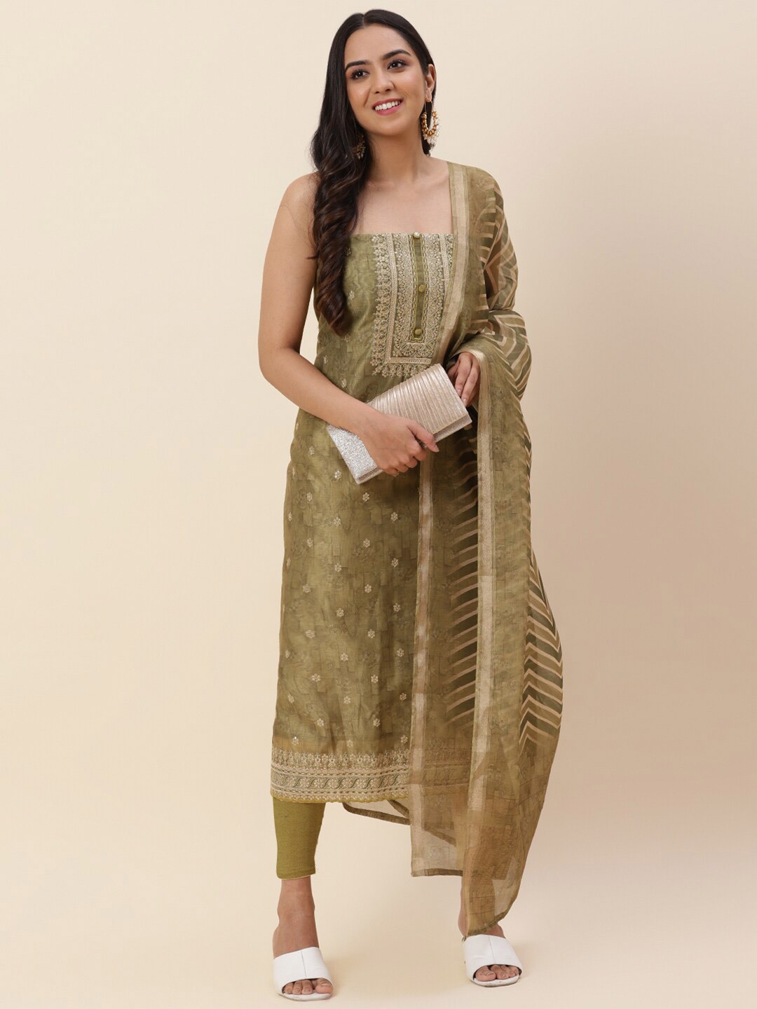 

Meena Bazaar Green & Gold-Toned Embroidered Pure Silk Unstitched Dress Material