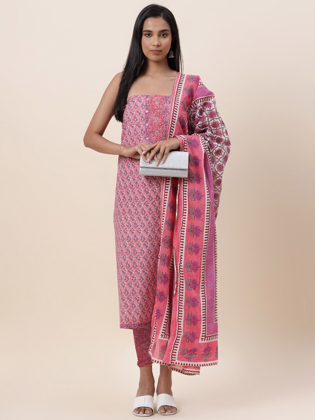 

Meena Bazaar Pink & White Printed Pure Cotton Unstitched Dress Material