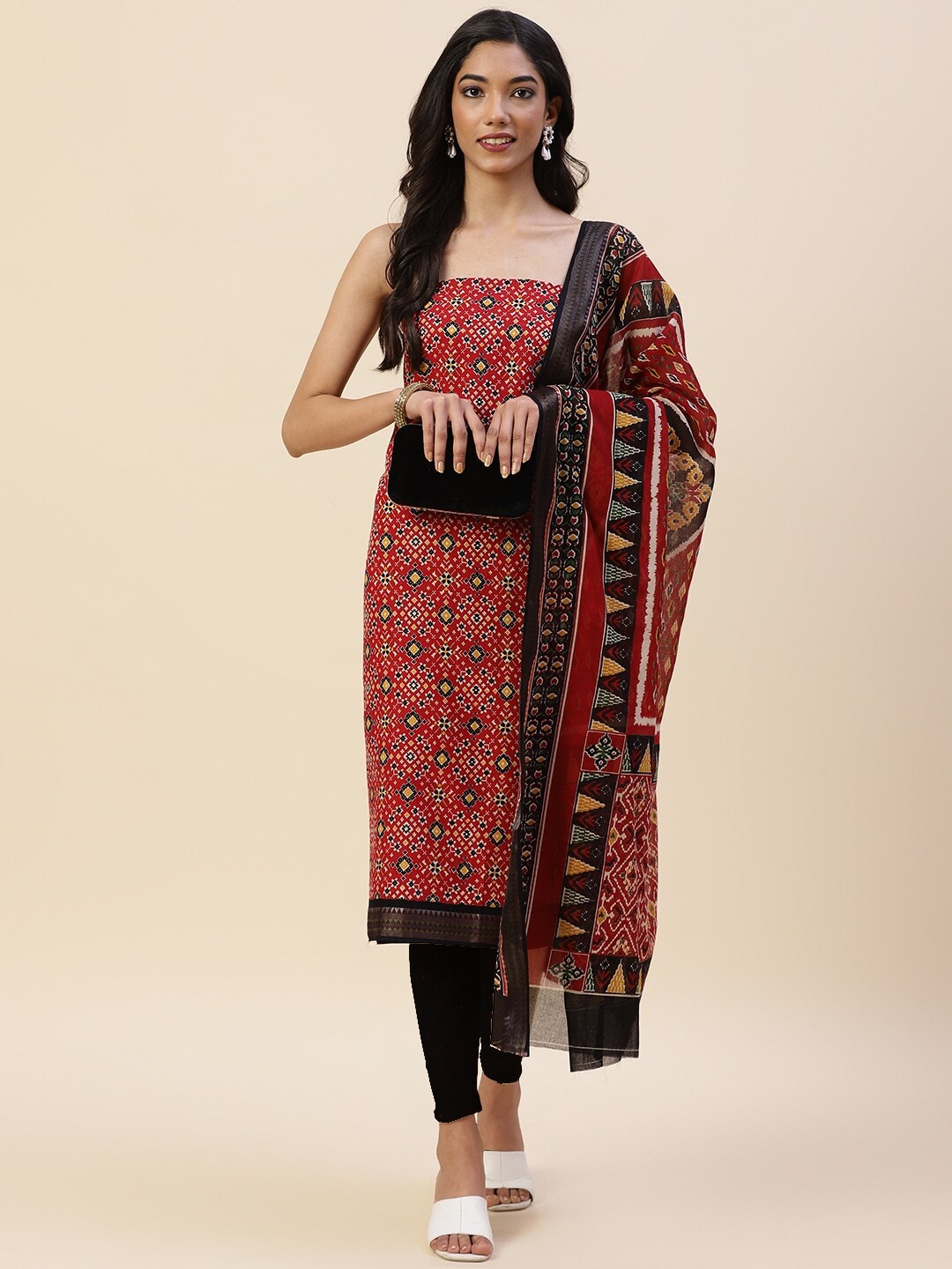

Meena Bazaar Black & Red Printed Pure Cotton Unstitched Dress Material