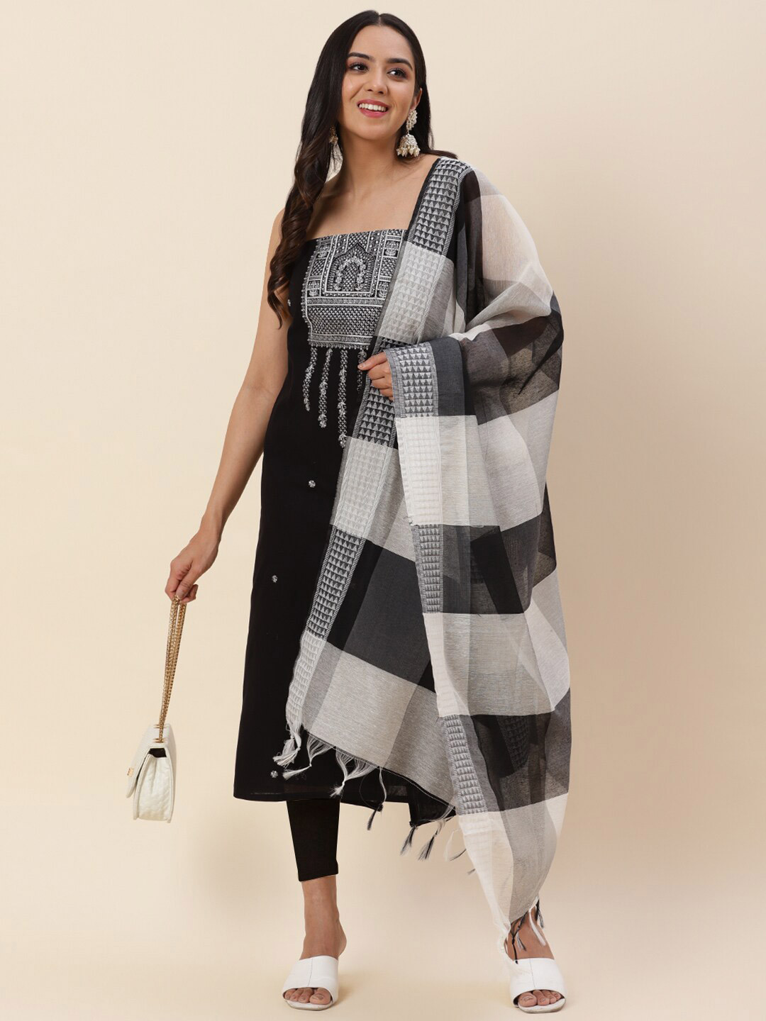 

Meena Bazaar Black & White Embroidered Pure Cotton Unstitched Dress Material
