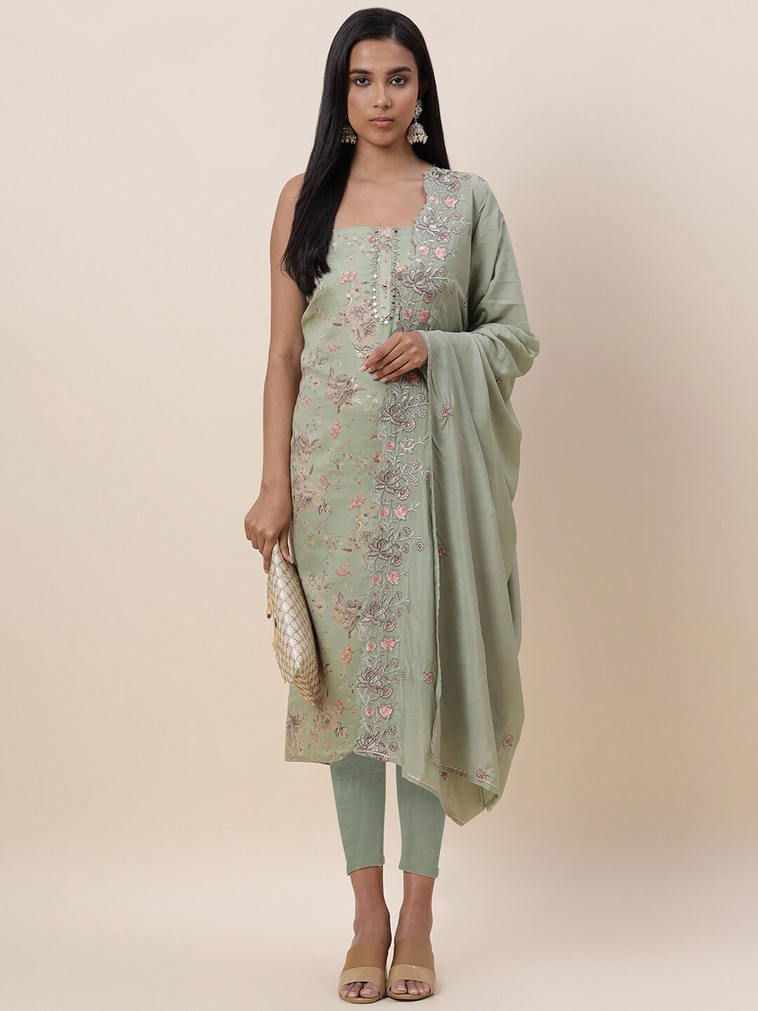 

Meena Bazaar Green & Pink Printed Pure Cotton Unstitched Dress Material
