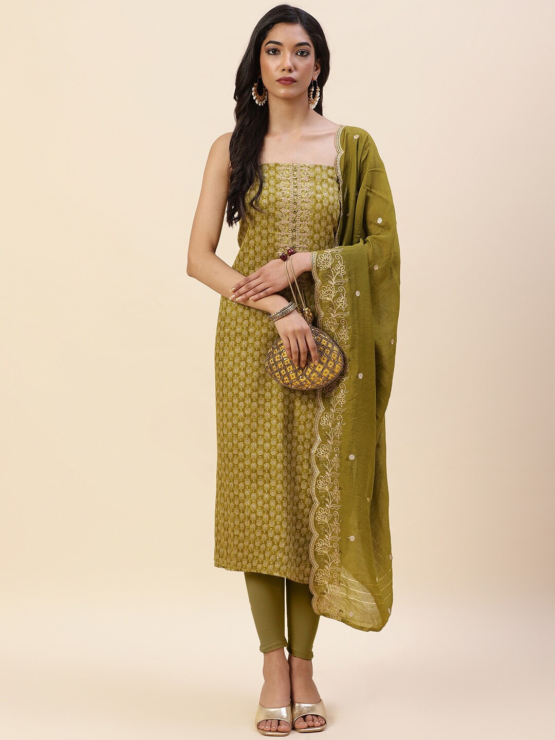 

Meena Bazaar Green & Gold-Toned Printed Pure Cotton Unstitched Dress Material