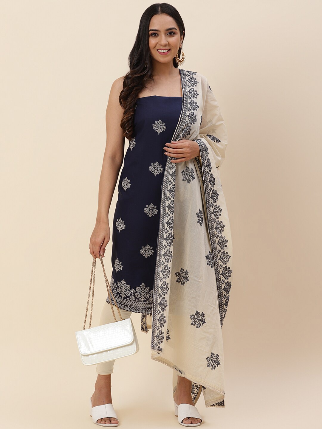 

Meena Bazaar Blue & Cream-Coloured Printed Pure Cotton Unstitched Dress Material